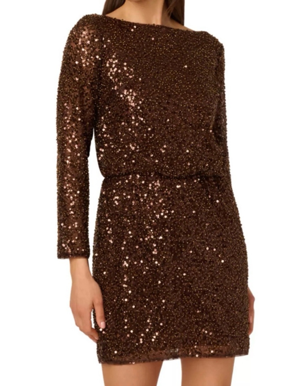 Adrianna Papell Mini Cocktail Dress Sequin Open Back Timber Brown Bateau Neck